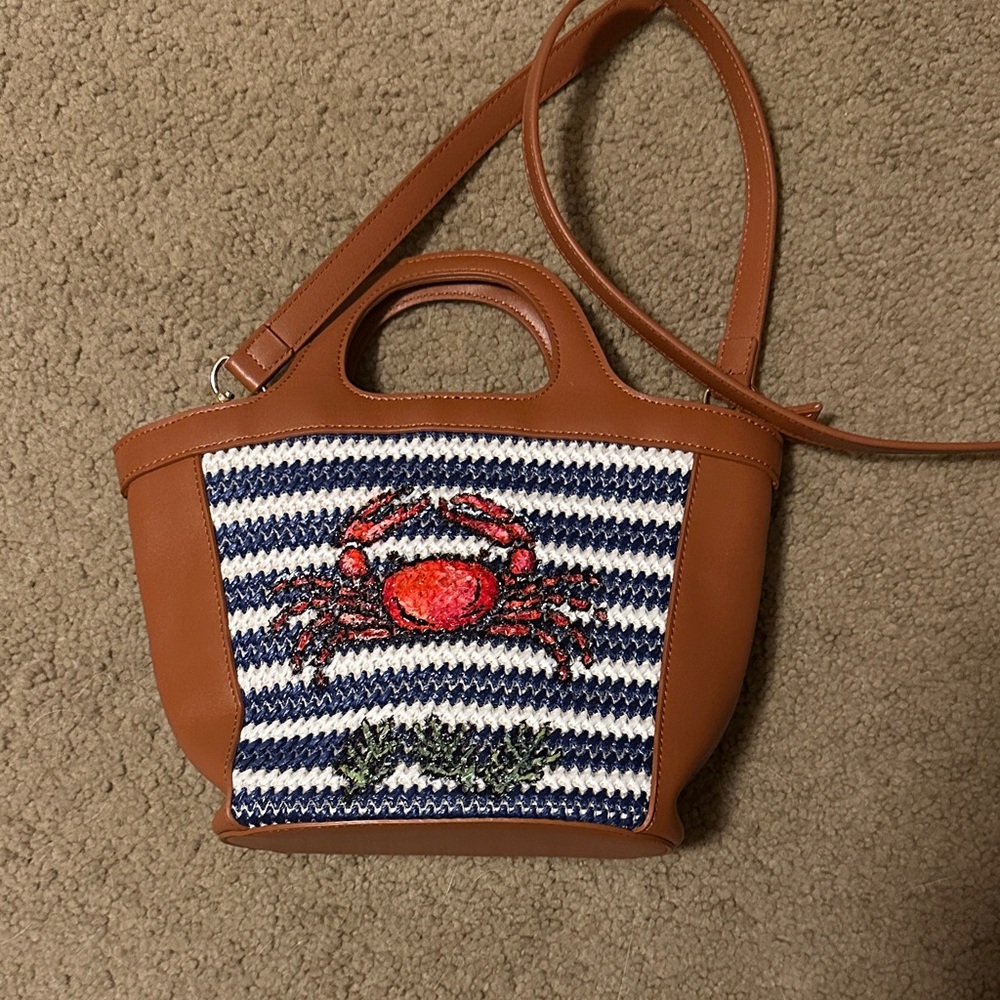 Ann Taylor Tan and Blue Striped Crossbody Bag with Crab Design